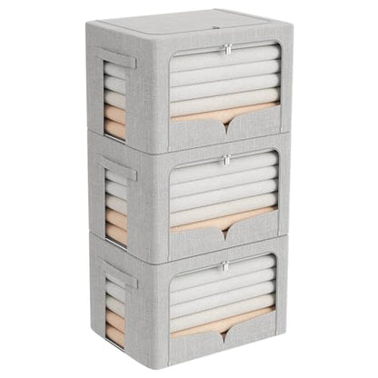 FHSQX 3 Pack Clothes Storage Bins, Light Gray, 16.5x12.2x12.2inch (40L) | Foldable Metal Frame, Stackable, Linen Fabric, Carrying Handles, Clear Window - color: Light Gray, size: 16.5x12.2x12.2inch(40L)