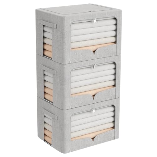 FHSQX 3 Pack Clothes Storage Bins, Light Gray, 16.5x12.2x12.2inch (40L) | Foldable Metal Frame, Stackable, Linen Fabric, Carrying Handles, Clear Window - color: Light Gray, size: 16.5x12.2x12.2inch(40L)