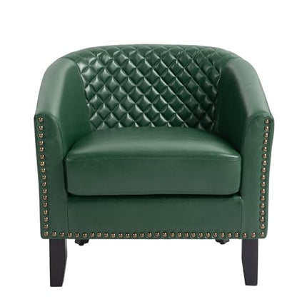 Faux Leather Accent Chair, Modern Barrel Club Chair, Green | Comfy Upholstered Armchair for Living Room, Round Club Chair Single Sofa Bedroom Reading Seat | 26"D*29"W*29"H - color: Green