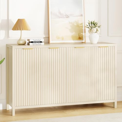 Fluted Buffet Cabinet with Storage, 55" Sideboard Cabinet with 4 Doors, Modern Credenza Accent Console Cabinet Coffee Bar Table for Living Room Dining Room Hallway, Natural - color: Natural