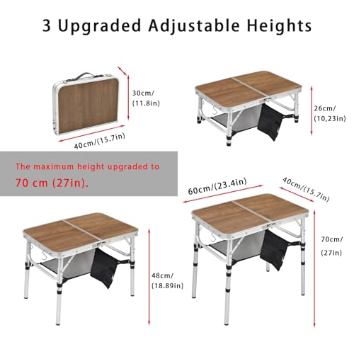 Small Folding Camping Table, 2ft Portable Picnic Table Aluminum 24" x 16" Folding Table, 3 Adjustable Heights Portable Lightweight Table Dining Table for RV, Picnic, Beach (Wood Pattern) - color: Wood Pattern