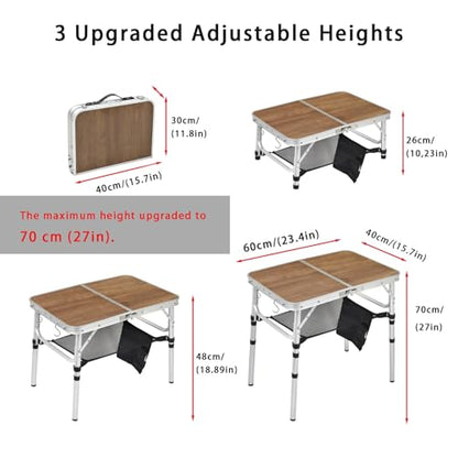 Small Folding Camping Table, 2ft Portable Picnic Table Aluminum 24" x 16" Folding Table, 3 Adjustable Heights Portable Lightweight Table Dining Table for RV, Picnic, Beach (Wood Pattern) - color: Wood Pattern