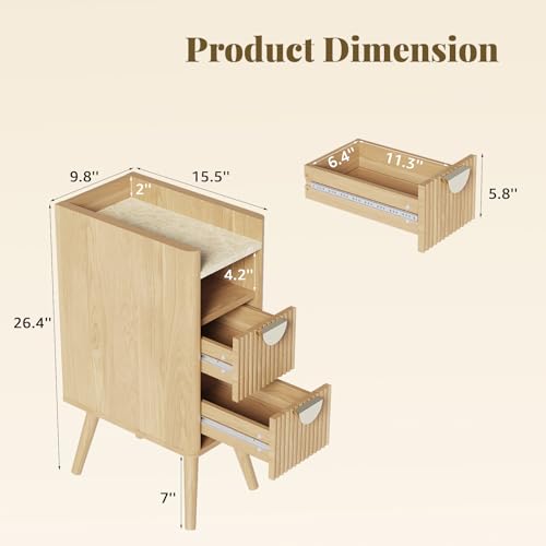 Narrow Nightstand with Drawers, Tall Skinny Bedside Table Dorm Oak | Small Side Table Set of 2 for Bedroom, Slim End Table for Livingroom, Boho Style Marble Nightstand - color: Oak, size: 2