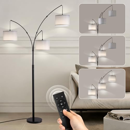 Netin 3 Light Arc Floor Lamps for Living Room, Led Floor Lamp with Remote Control, Modern 80" Tall Standing Lamp with Gray Shades, 3 Color Temperature, Mid Century Tree Floor Lamp for Bedroom, Office - color: Matte Black-Gray Linen Shade