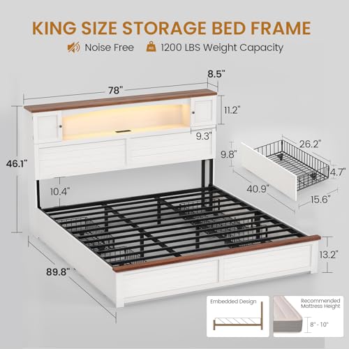 MSmask Farmhouse King Size Bed Frame with Bookcase and Storage Cabinets Headboard, Wood Platform Bed with LED Lights, Charging Station, 4 Drawers, Decoration Footboard, No Box Spring Needed, White - color: White, size: King