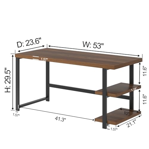 Modern Computer Desk, Wood Home Office Desk, Study Writing Gaming Table Workstation with Storage Shelves for Living Room Bedroom, Rustic Walnut, 53 Inch - color: Walnut, size: 53 inch