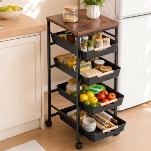 Pipishell Rolling Storage Cart with Drawers & Lockable Wheels, 5 Tier Kitchen Cart with Safety Stops & Vented Design, Wood Top, Pull-Out Utility Cart for Kitchen, Home Office, Bedside, Black - color: Black, size: 12.6”W x 13.8”D x 33.5”H