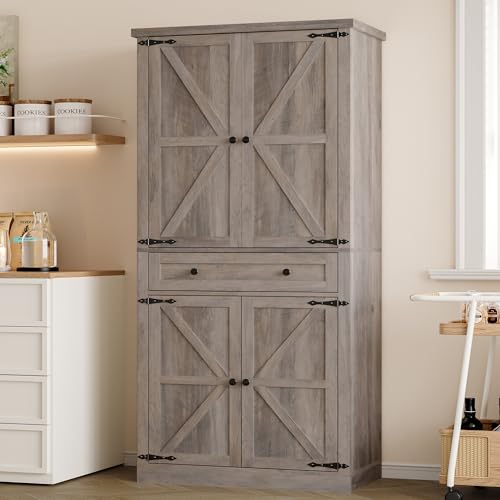 BORNOON Pantry Organizers and Storage Cabinet, 67.7” Barn Door White Kitchen Cabinet with Drawers and Adjustable Shelf, Tall Pantry for Kitchen, Dining Room, Living Room Bedroom - color: Wood, size: Single Drawer