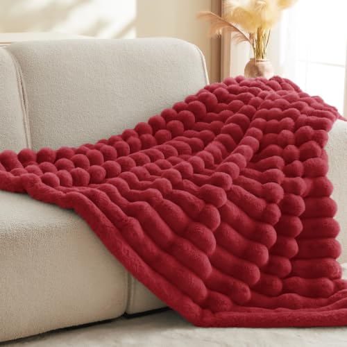 BEDELITE Faux Fur Throw Blanket for Couch, 770GSM, 60" x 80", Red | Soft and Cozy Luxurious 3D Striped Fluffy Blanket, Warm Plush Fuzzy Faux Rabbit Fur for Women Gift, Stylish Room Decor - color: Red, size: Twin(60"x80")