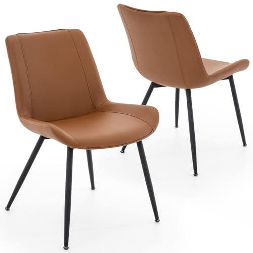 Dining Chairs Set of 2, PU Leather Armless with Metal Legs Brown | Fits Dining Rooms, Kitchens, Waiting room, Living rooms, Offices & Cafes, Easy to Clean Easy to assemble Adjustable Foot Pads - color: Brown