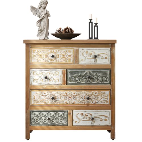 Farmhouse Solid Wood Accent Storage Cabinet with Carved Drawers | Storage Drawers,Solid Wood Material,Hand-Carved Finish,Hallway/Entryway or Living Room,Boho/French Country Style;Natural Wood - color: Natural Wood-33"tall