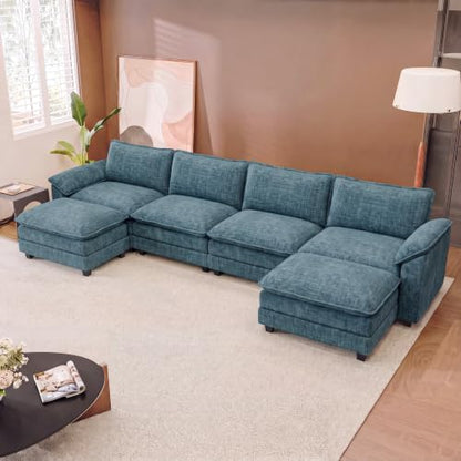 JUMMICO 159" U-Shaped Shaped Sectional Couch, Modular Cloud Sofa, Dark Blue | 2 Movable Ottoman,4 Deep Seats, Sturdy Frame, Comfy Chenille, Easy Assembly, Sleeper Sofa for Living Room, Apartment - color: Dark Blue, size: U Shaped Sofa