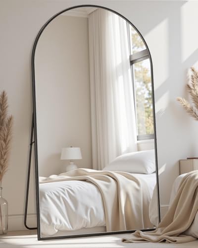 Full Length Mirror with Stand, 72"x44" Arched Full Body Mirror, Large Stand Up Aluminum Frame Floor Freestanding Hanging Leaning Mounted for Bedroom Living Room Entryway Black - color: Black, size: 72"L x 44"W