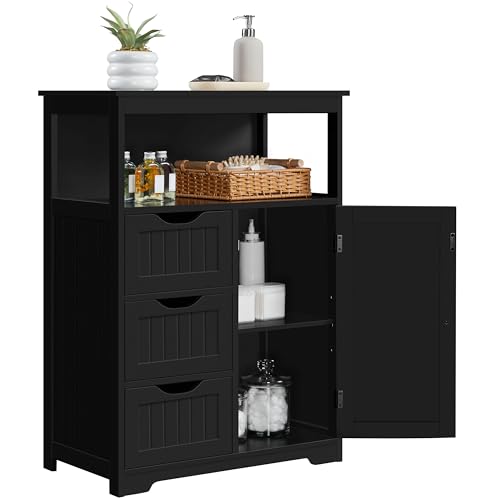 Yaheetech Large Freestanding Bathroom Storage Cabinet with 3 Drawers, Black | Wooden Floor Cabinet Organizer for Towels, Linens and Cleaning Supplies, Beadboard Fronts, Open Cubby, Adjustable MDF Shelf - color: Black, size: 14"D x 26"W x 35.5"H
