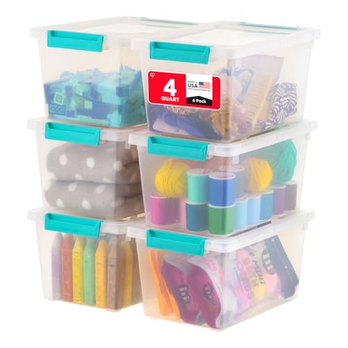 IRIS USA Storage Bins with Lids |Made in USA| 4 Qt - (6-Pack) - Clear | Sensory Craft Organizers, Plastic Clip Box Totes, Flat Containers for Organizing Paper, Office, Art & Study Supplies - color: Clear/Seafoam Blue, size: 4 Qt. - 6 Pack
