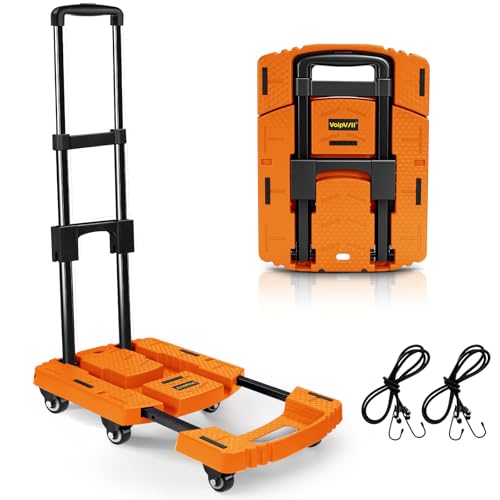 Voipvvii Folding Hand Truck500lbs, Portable Heavy Duty Dolly Cart, 6 Wheels Collapsible Luggage Cart with 2 Elastic Ropes - Compact Trolley Cart for Easy Moving - Ideal Hand Cart for Travel and More - color: Orange