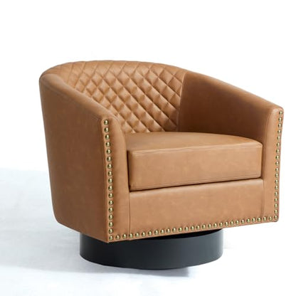Faux Leather Swivel Accent Chair, Modern Barrel Club Armchair, Coffee | Comfy Living Room Chair, Modern Nailhead Trim Round Armchair Bedroom Reading Seat with Removable Cushion, Wood Frame - color: Retro Coffee