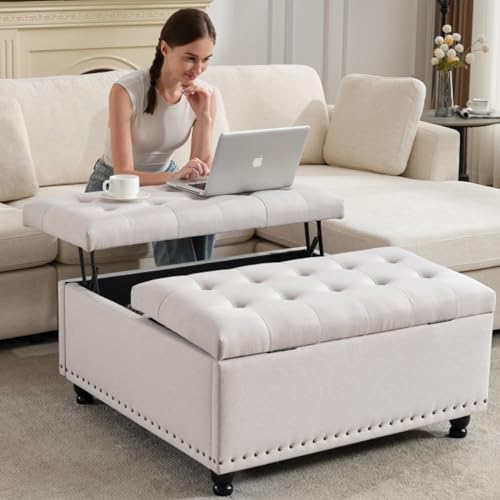 Tbfit 35.5" Large Square Storage Ottoman Bench, Tufted Upholstered Coffee Table Ottoman with Lift Top & Wooden Legs, Oversized Storage Ottomans Toy Box for Living Room（Beige） - color: Beige
