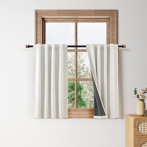 36 Inch Length 100% Blackout Kitchen Linen Curtains Back Tab Small Drape Privacy Natural Elegant Mini Cafe Black Out Curtain for Rustic Farmhouse Bathroom Bedroom Small Window Cream Ivory 26x36 - color: Natural, size: 26"W x 36"L (Pack of 2)