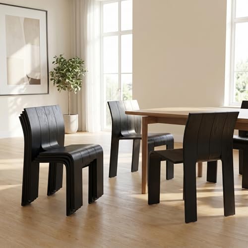 Wooden Dining Chairs Set of 4, Stackable Side Chairs, Black | Ergonomic Backrest, Solid Wood, No Assembly Required, Dining Room Chairs, Kitchen Chairs, Mid-Century Modern, Small Space - color: Black, size: 4 Chair