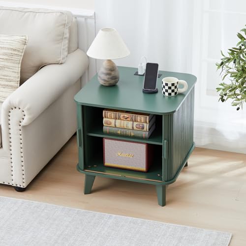 24" Large Fluted End Table with Charging Station, Farmhouse Sofa Side Table with Sliding Tambour Door & Storage, Curved Rustic Wood Nightstand for Living Room, Bedroom, Green - color: Green