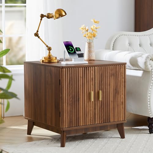 Fluted End Table with Charging Station, 2 Door Side Table with Storage, Mid Century Modern Nightstand for Bedroom Bedside, Living Room Couch Sofa, Office, Desk Side Table for Small Spaces-Walnut - color: Square-walnut