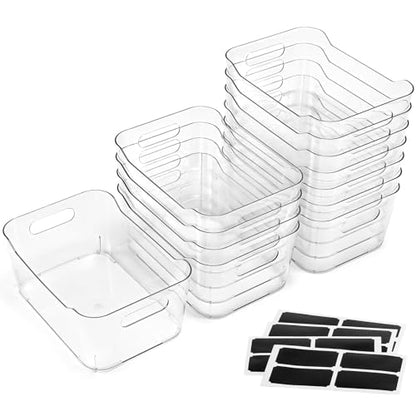 12 PACK Multiuse Clear Plastic Storage Bins for Organizing w/ Labels - Home, Kitchen, Bathroom, Office, Pantry Cabinet Shelf Organizer Bins - SOHO Collection, RV, Fridge Organization Containers - size: Medium