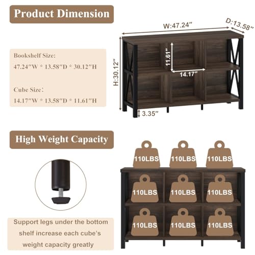 6 Cube Storage Organizer with Shelf, Short Horizontal Bookshelf for Living Room, Wood and Metal Cubby Bookcase, 47 Inch Industrial Low Book Shelf and Book Case (Dark Walnut) - color: Dark Walnut, size: Without Drawer