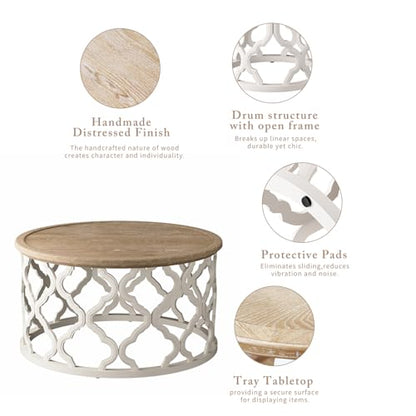 karlott Farmhouse Coffee Table, French Country Tray Round Coffee Table | Solid Wood Veneer Tabletop, Curved Motif Frame Base, Coastal Boho Center Table, Small Rustic Coffee Tables for Living Room - size: Tray Coffee Table 30 Inches