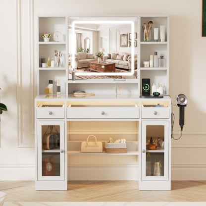 LIVELYGLOW 43.3" White Large Makeup Vanity Desk with Glass Top & RGB Lights - color: White/Transparent