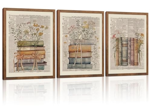 Wow NEW ART Vintage Book Florals Wall Art Set of 3,12x16in Wood Framed | Preppy Bow Floral Dictionary Book Canvas Prints, Floral Wildflower Wall Decor for Office Dorm Classroom Bedroom Home Decor - color: Colorful Book, size: 16L" x 12W"