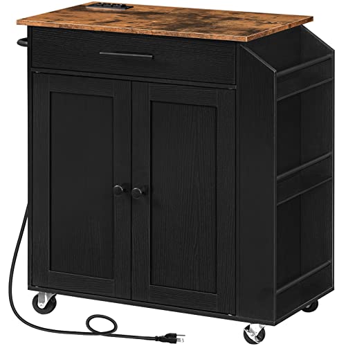 HOOBRO Kitchen Island with Power Outlet, Storage Island with Spice Rack and Drawer, Rolling Kitchen Cart on Wheels, for Home, Dining Room, Rustic Brown and Black - color: Rustic Brown + Black