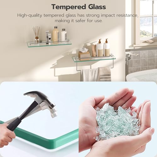 HOOBRO Glass Shelves for Bathroom, 15.7 Inch Floating Glass Shelf for Wall, Set of 2 Tempered Stainless Steel Wall Mounted Stand for Toilet, Room Decor, Silver SV02BJ01