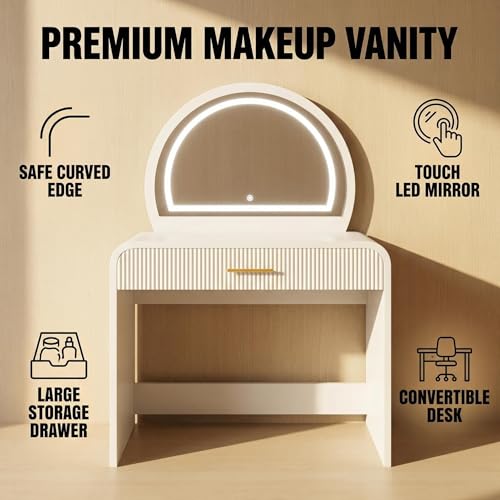 Makeup Vanity Desk with LED Touch Screen Lighted Mirror, Wooden Vanity Table with Drawer, Curved Edge Dressing Table with Removable Mirror for Bedroom (White) - color: White