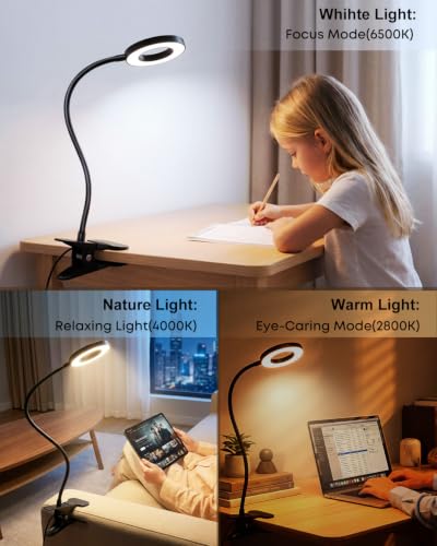 Clip on Light 5W Desk Lamp, Eye Caring Reading Light for Bed | 3 Colors & 6 Brightness, 48 LED Beads, 360° Flexible Metal Gooseneck,Black - color: Black