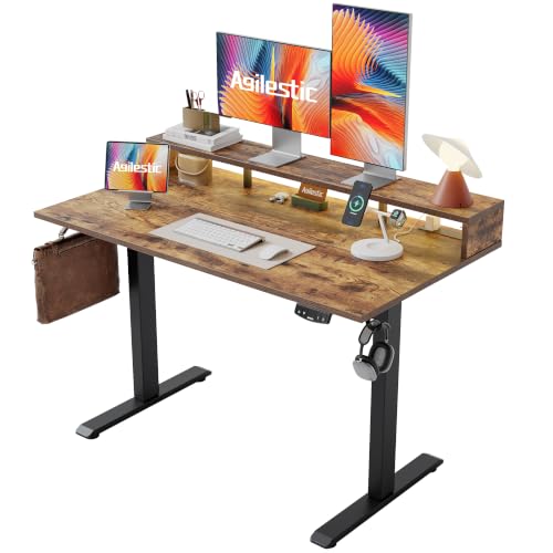 Agilestic 55*24 Inch Electric Standing Desk with Shelf & Led, Rustic Brown | Electric Height Adjustable, Outlets&Led, Monitor Stand, Sturdy Steel Frame, Memory Presets, Hooks, 154 lbs, Splice Board - color: Led-rustic Brown, size: 55 x 24 Inches with led