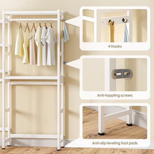 Cozivolife Over The Washer Dryer Storage Shelf: Bamboo 5 Tiers (White) | Laundry Room Drying Rack with Adjustable Shelves and 4 Hooks - Space Saver Organizer for Hanging Clothes and Towels - color: White