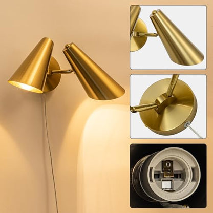 Gold 2-Light Plug in Wall Sconce, Modern Vanity Light Wall Lamp with Rotatable Lampshade Picture Light for Bedroom Living Room Bathroom Foyer - color: B-Gold
