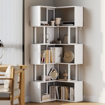 Garvee Corner Bookshelf, 62.6" Tall Metal Wooden Bookcase, Modern Freestanding Corner Shelf with Baffle, 5-Tier L-Shaped Display Rack Storage Organizer for Home Office, Living Room | Modern Freestanding Corner Shelf with Baffle, 5-Tier L-Shaped Display Ra