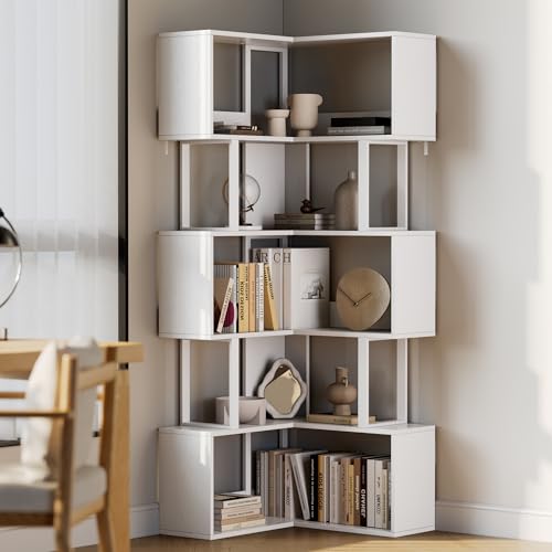Garvee Corner Bookshelf, 62.6" Tall Metal Wooden Bookcase, Modern Freestanding Corner Shelf with Baffle, 5-Tier L-Shaped Display Rack Storage Organizer for Home Office, Living Room | Modern Freestanding Corner Shelf with Baffle, 5-Tier L-Shaped Display Ra
