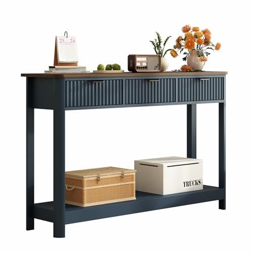 RUSTOWN Fluted Wood Console Table with 3 Drawers, 47.2" Boho Entryway Table | Narrow Behind Couch Sofa Table, Open Storage Shelf, Curved legs, 2 Tier Modern Farmhouse Hallway Table for Living Room, Foyer - color: Navy Blue