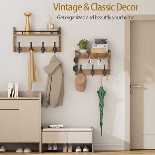 29 inch Coat Rack Wall Mount with Shelf, Entryway Wall Shelf with Hooks, Heavy Duty Coat Hanger Wall Mount with Key Holders and Mail Organizer for Living Room, Bedroom, Brown - color: Brown