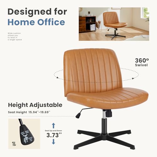 DUMOS Criss Cross Chair No Wheels, Wide Seat Cross Legged Office Desk Vanity Chair, Faux Leather Armless Height Adjustable Swivel Task Computer Chairs for Home, Study, Brown PU - color: Brown Pu