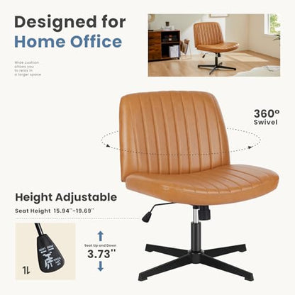 DUMOS Criss Cross Chair No Wheels, Wide Seat Cross Legged Office Desk Vanity Chair, Faux Leather Armless Height Adjustable Swivel Task Computer Chairs for Home, Study, Brown PU - color: Brown Pu