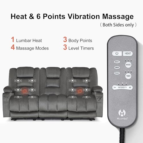 MCombo 82 in 3 Seater Reclining Sofa with Heat and Massage PR647 (Grey) | 155° Zero Gravity, Reclining Middle Seat, Dual Charging Ports, Cup Holders, FSC & OEKO Certified - color: Grey, size: 3 Seater Recliner with Zero Gravity
