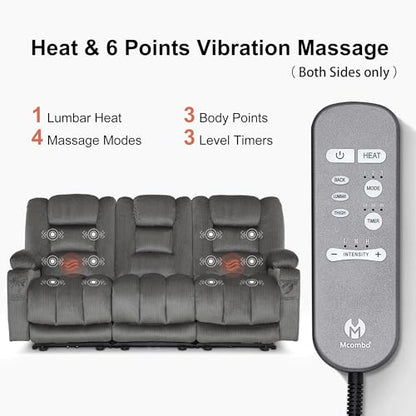 MCombo 82 in 3 Seater Reclining Sofa with Heat and Massage PR647 (Grey) | 155° Zero Gravity, Reclining Middle Seat, Dual Charging Ports, Cup Holders, FSC & OEKO Certified - color: Grey, size: 3 Seater Recliner with Zero Gravity