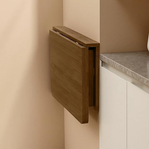 MM MELISEN Wall Mounted Desk - 32x24 Inch, Walnut Finish Solid Wood Desk for Bedroom Office or Laundry Room. Folds Down for laptops, up for Space. Ideal for Apartments, dorms, and Small Homes - color: Walnut, size: 80X60CM/32X24IN