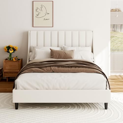 Full Bed Frame Velvet Upholstered Platform Channel Wingback Headboard | Biege Tufted Bed-Base, Solid Wood Slat Support, No Box Spring Needed, Noise Free, Easy Assembly, Mattress Foundation - color: Beige, size: Full