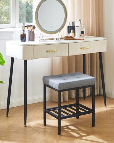 IBUYKE Rectangular Makeup Stool, Linen Seat Vanity Chair, Blue Gray WBD017L | Adjustable Feet Storage Space Footrest Multi-Use Small Side Table Ottoman Bedroom - color: Blue Gray, size: Rectangular
