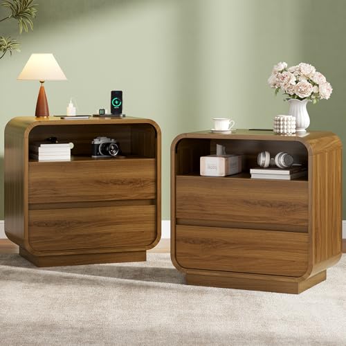 HAUOMS 23.6" Wide Wood Bedside Table, Curved Profile Design, Walnut | Charging Station, 2 Storage Drawers, 25" Tall Nightstand, Large Mid Century End Table, Bedroom/Living Room, Easy Assembly - color: Walnut